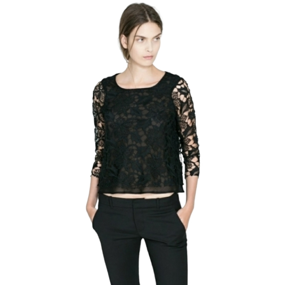 ZARA Black Crochet Lace Crop Top M Sheer Gothic Boho Punk Festival 3/4 Sleeve - Picture 2 of 15